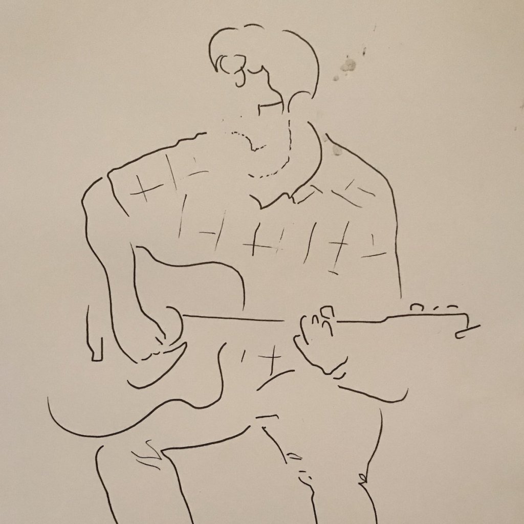 A sketch of soneone playing an acoustic guitar