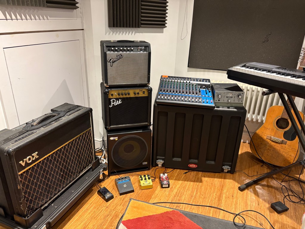 A selection of guitar amplifiers in the studio